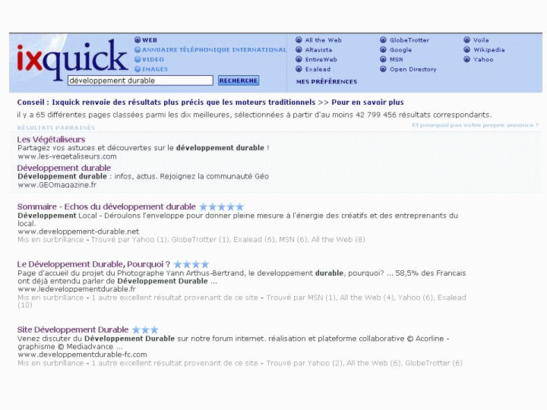 Page de résultats d'Ixquick pour le mot-clé développement durable