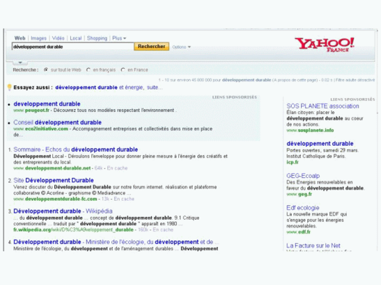 Vue de l'intégralité des résultats trouvés sur Yahoo, accessibles en cliquant sur le nom de l'outil
