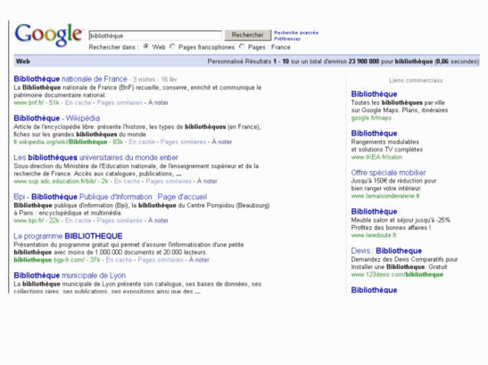 Liens commerciaux sur Google pour la recherche bibliothèque – Voir les résultats dans la colonne de droite de l'écran