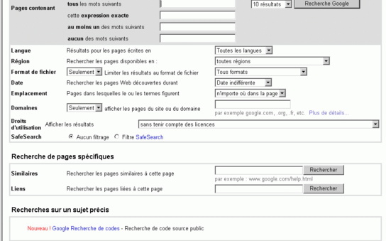 Interface de recherche avancée de Google