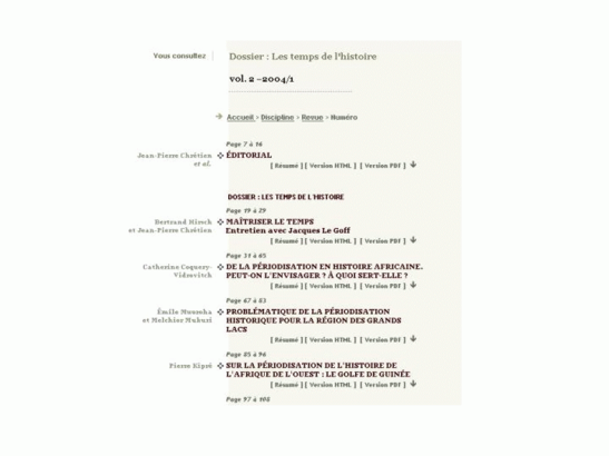 Revue « Afrique & histoire" Consultation du volume 2 de 2004, consacrant un dossier aux temps de l'histoire