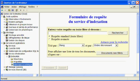 Formulaire d'interrogation du service d'indexation de Windows XP