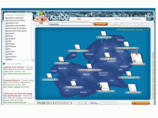 Résultats présentés de manière cartographique pour le mot-clé vacances