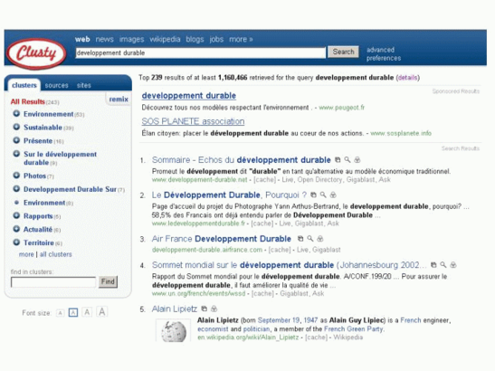 Page de résultats de Clusty pour le mot-clé développement durable