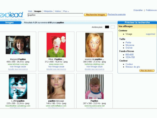 Exalead, recherche d'images correspondant au mot-clé papillon croisé avec le contenu visage