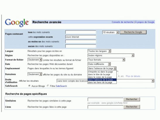 Google, Recherche avancée : faire varier les champs de la recherche