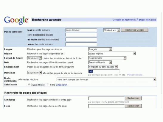 Google, Recherche avancée : spécifier le domaine choisi