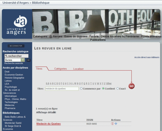 La recherche de revues en ligne sur le portail du SCD d'Angers