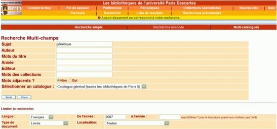 Affichage d'un écran du catalogue de l'université Paris-Descartes. En choisissant « Génétique » comme sujet et en limitant la recherche selon le « Type de document » (« Livres ») et la date de parution (« 2007 »)