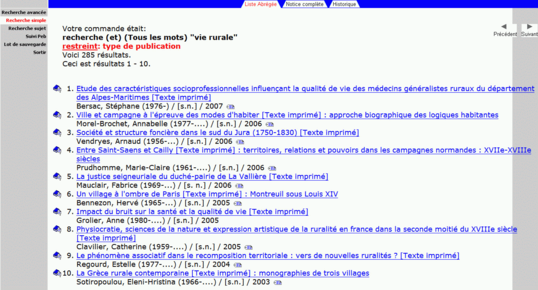 Ecran de résultat d'une recherche dans le SUDOC de thèses sur le sujet de la vie rurale