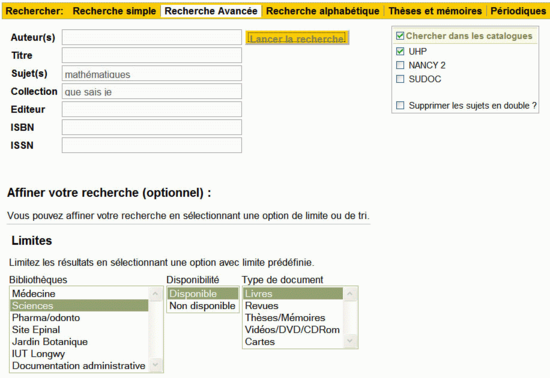 Recherche avancée dans le catalogue du SCD de Nancy 1