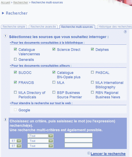 Recherche multi-sources dans le portail du SCD de Valenciennes