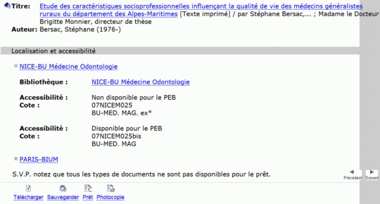 Affichage de la localisation d'un document dans le SUDOC