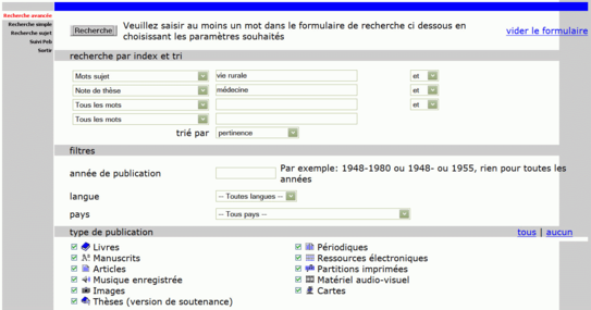 Ecran de recherche avancée dans le SUDOC